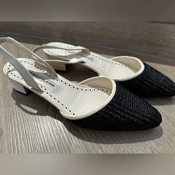 New Manolo Blahnik Raffro Woven Raffia Ballerina Pumps White/Black Size 38.5 - Picture 4 of 10